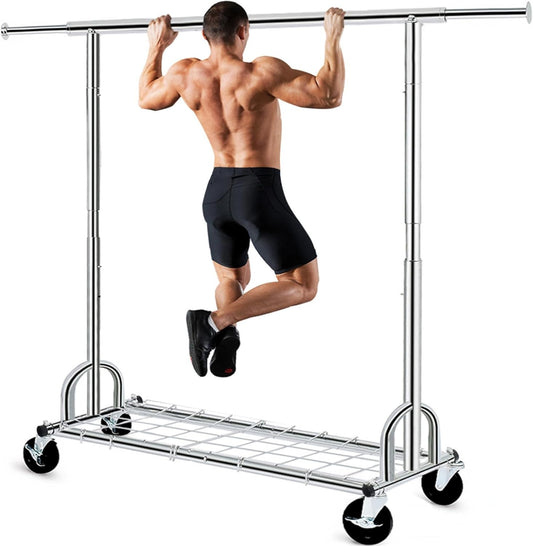 Extendable Heavy-Duty Clothes Rail Coat Rail with Shelf, Industrial Grade Locking Wheels, 200Kg Capacity Professional Folding Clothes Rail