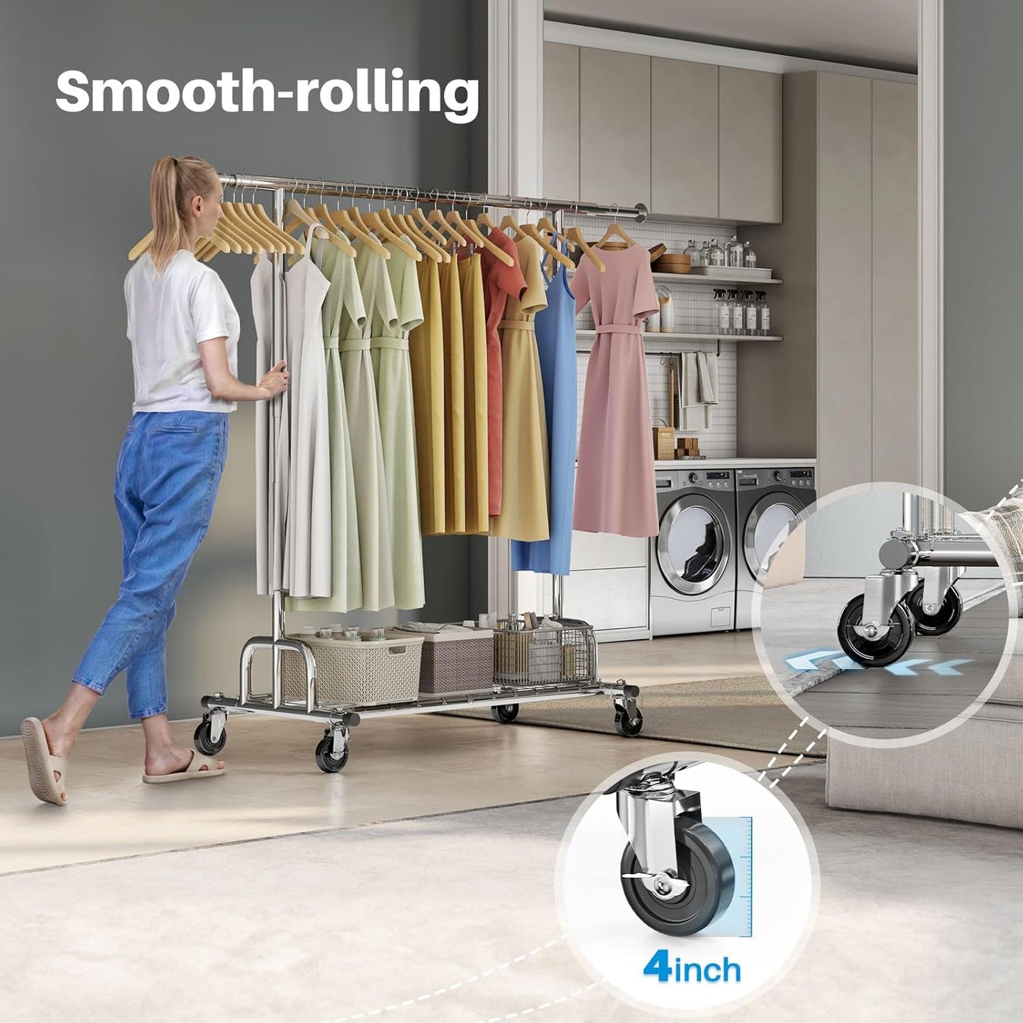 Extendable Heavy-Duty Clothes Rail Coat Rail with Shelf, Industrial Grade Locking Wheels, 200Kg Capacity Professional Folding Clothes Rail
