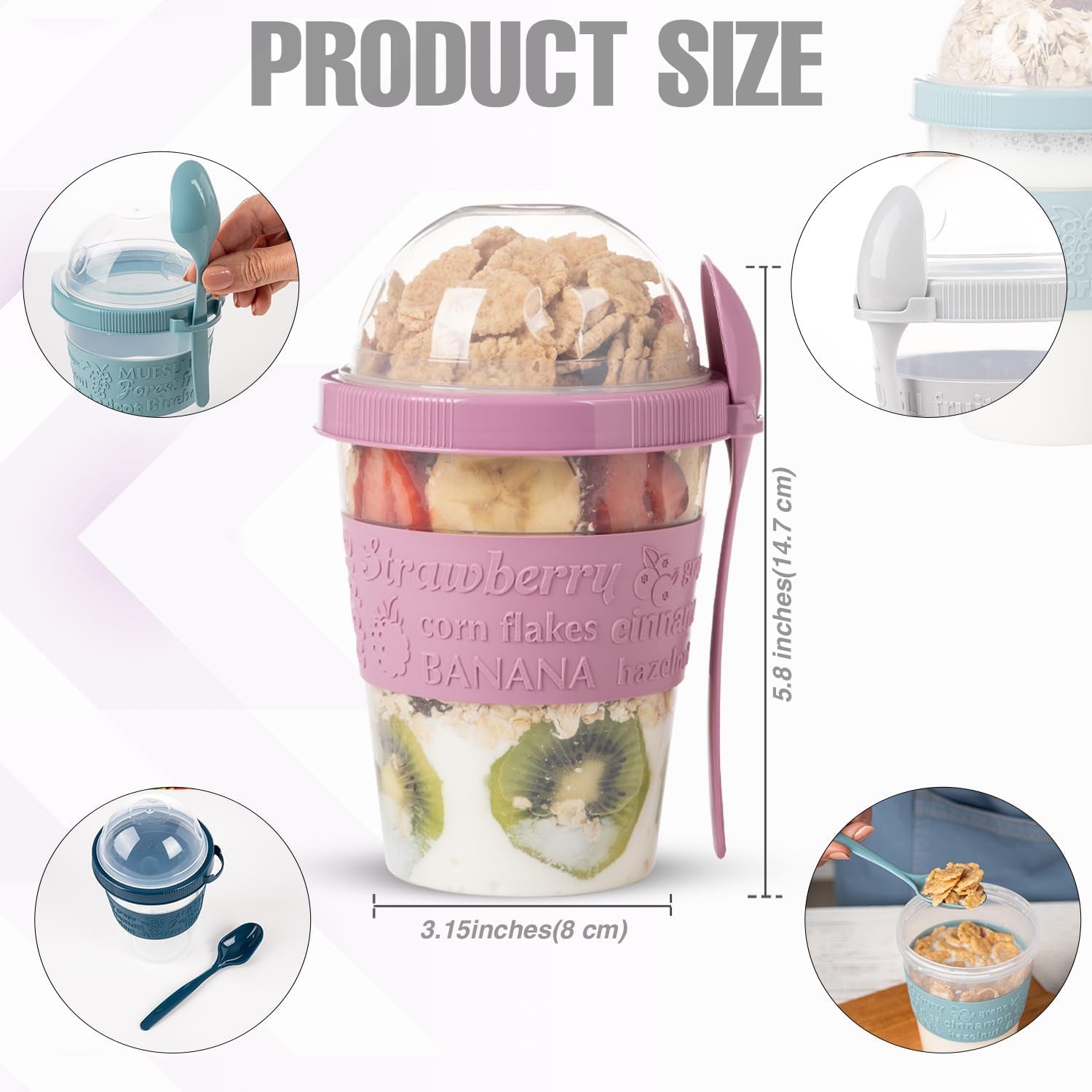 4 Pack on the Go Cereal Yogurt Cups with Lids and Spoon, Overnight Oats Container, Reusable Parfait Plastic Milk Pot Breakfast Crunch Granola Oatmeal Smoothie Snack Prep Jar