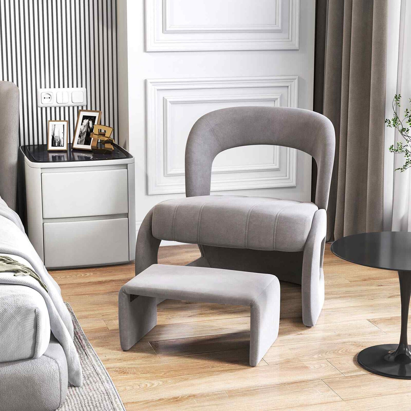 COSTWAY Accent Chair Upholstered Velvet Chair and Ottoman Set