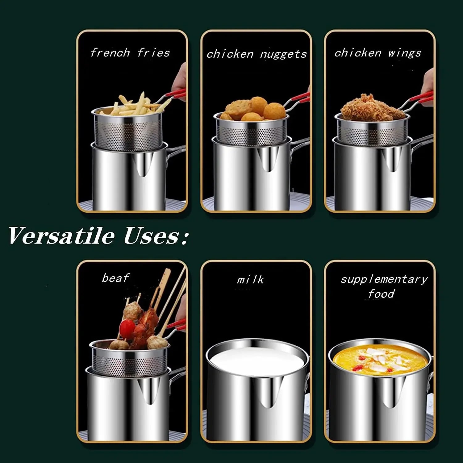 Stainless Steel Deep Fryer with Strainer Basket - Multi-Purpose Tempura & Chicken Frying Pan for Home/Commercial Use