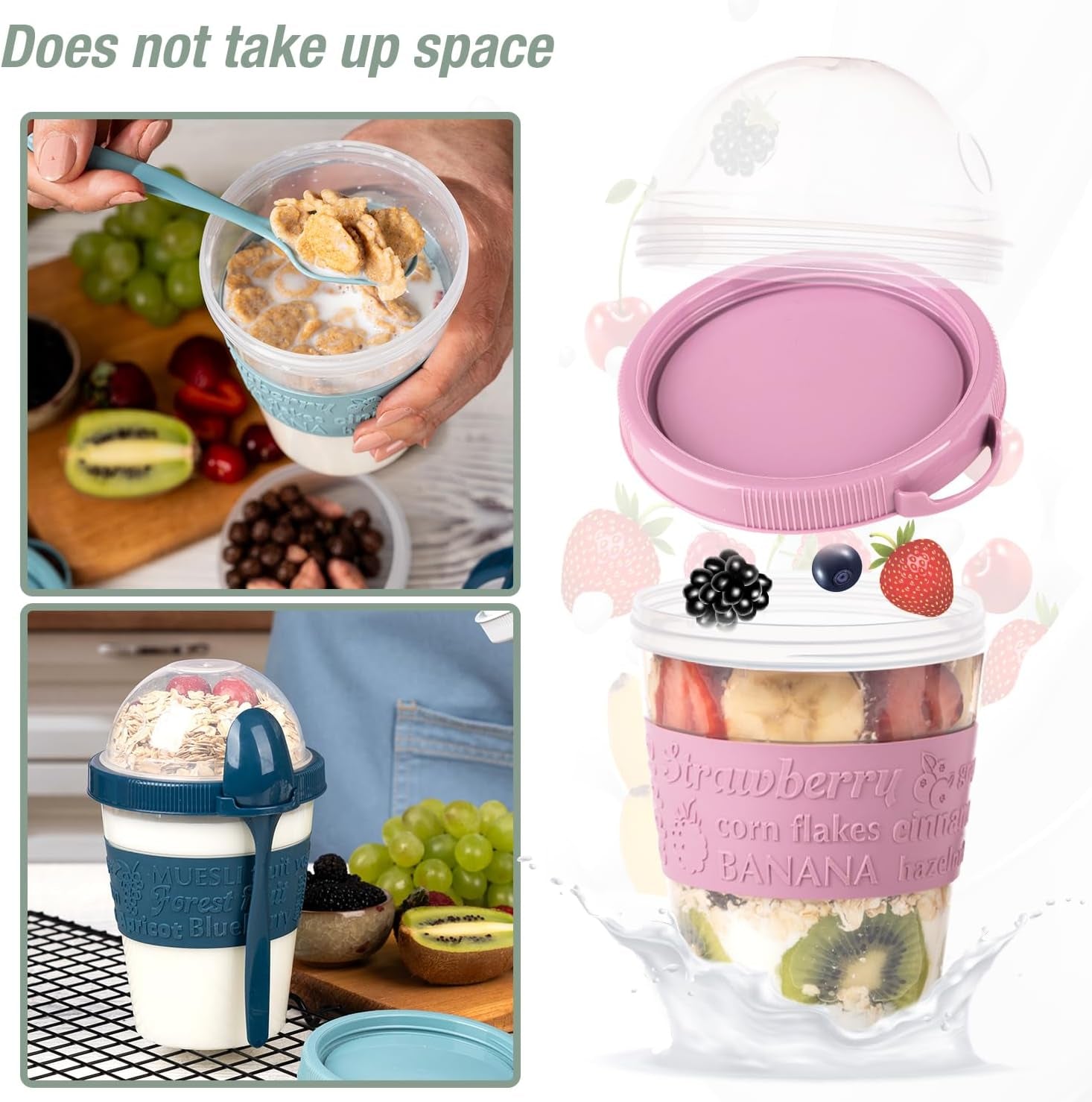 4 Pack on the Go Cereal Yogurt Cups with Lids and Spoon, Overnight Oats Container, Reusable Parfait Plastic Milk Pot Breakfast Crunch Granola Oatmeal Smoothie Snack Prep Jar