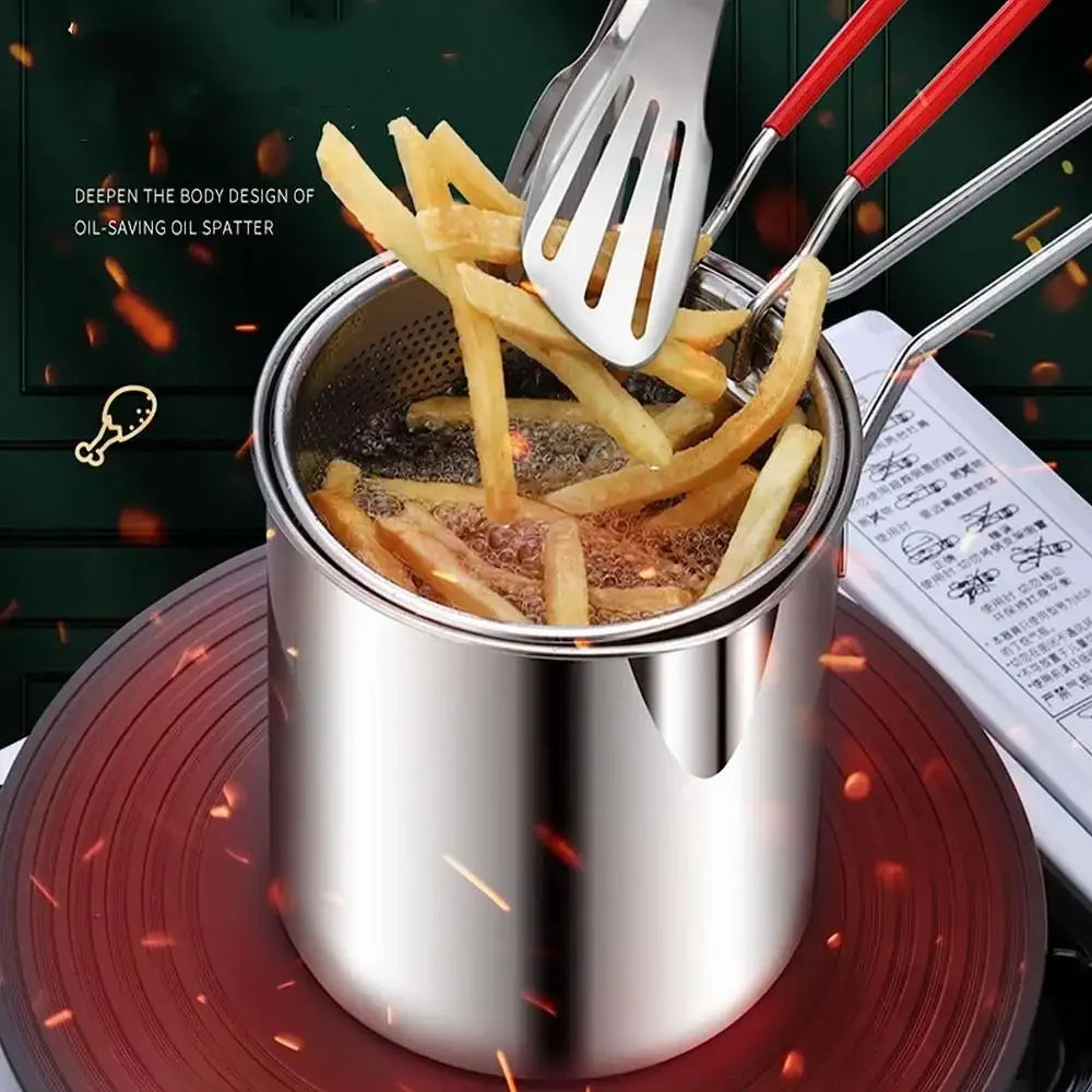 Stainless Steel Deep Fryer with Strainer Basket - Multi-Purpose Tempura & Chicken Frying Pan for Home/Commercial Use