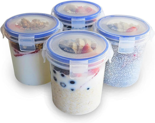 Overnight Oats Container with Lids (4-Piece Set) - 16 Oz Plastic Containers - Oatmeal Container to Go | Portable Cereal and Milk Container| Snap Lock Storage Jars with Airtight Lids