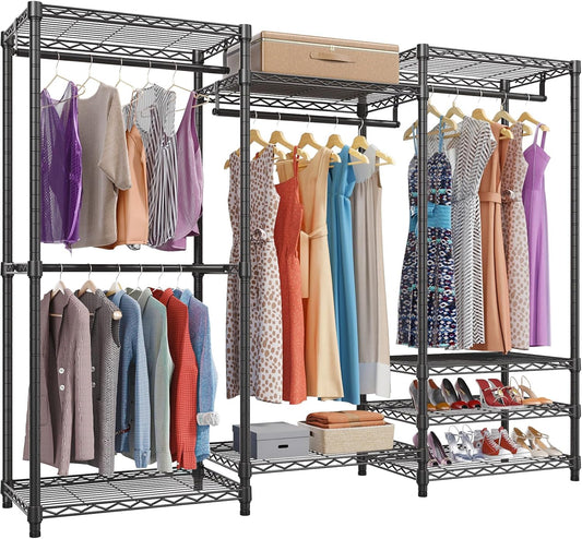 V5 Portable Closet Wardrobe Heavy Duty Clothes Rack, Freestanding Clothing Rack with 4 Hang Rods & 8 Shelves, Adjustable Closet Rack, 68.9" L X 15.7" W X 76.4" H, Max Load 890LBS, Black