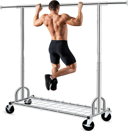 Extendable Heavy-Duty Clothes Rail Coat Rail with Shelf, Industrial Grade Locking Wheels, 200Kg Capacity Professional Folding Clothes Rail