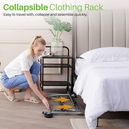 Extendable Heavy-Duty Clothes Rail Coat Rail with Shelf, Industrial Grade Locking Wheels, 200Kg Capacity Professional Folding Clothes Rail