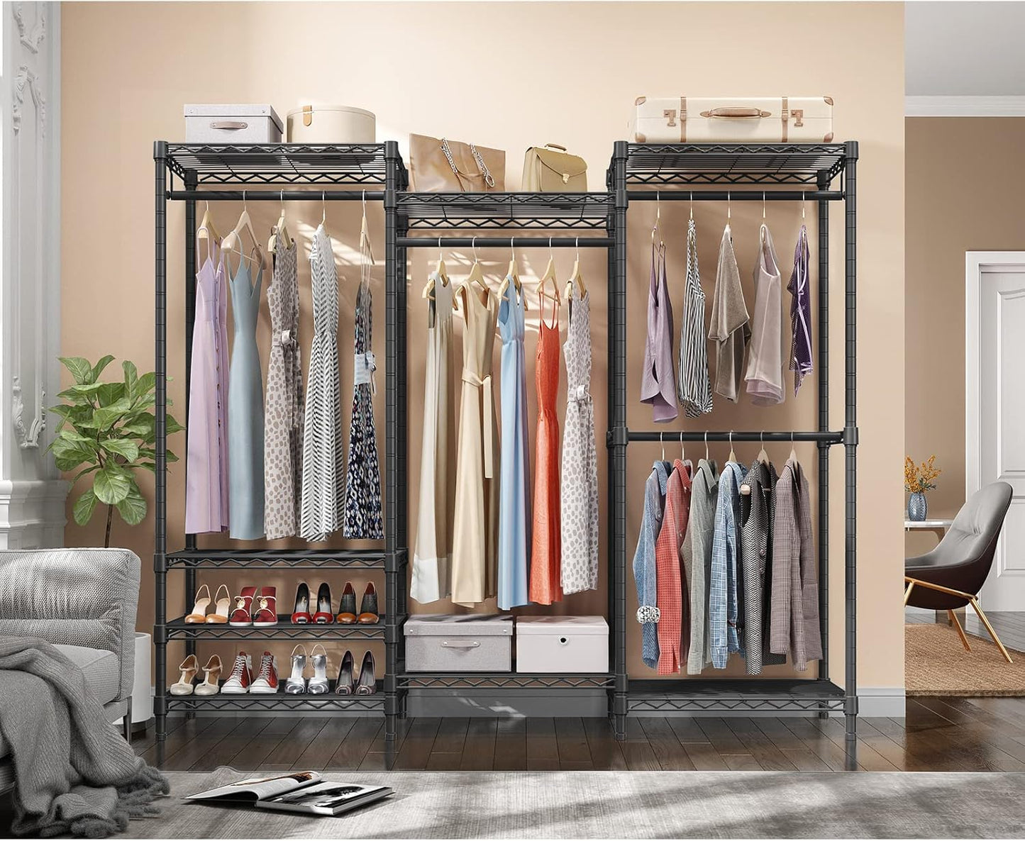 V5 Portable Closet Wardrobe Heavy Duty Clothes Rack, Freestanding Clothing Rack with 4 Hang Rods & 8 Shelves, Adjustable Closet Rack, 68.9" L X 15.7" W X 76.4" H, Max Load 890LBS, Black