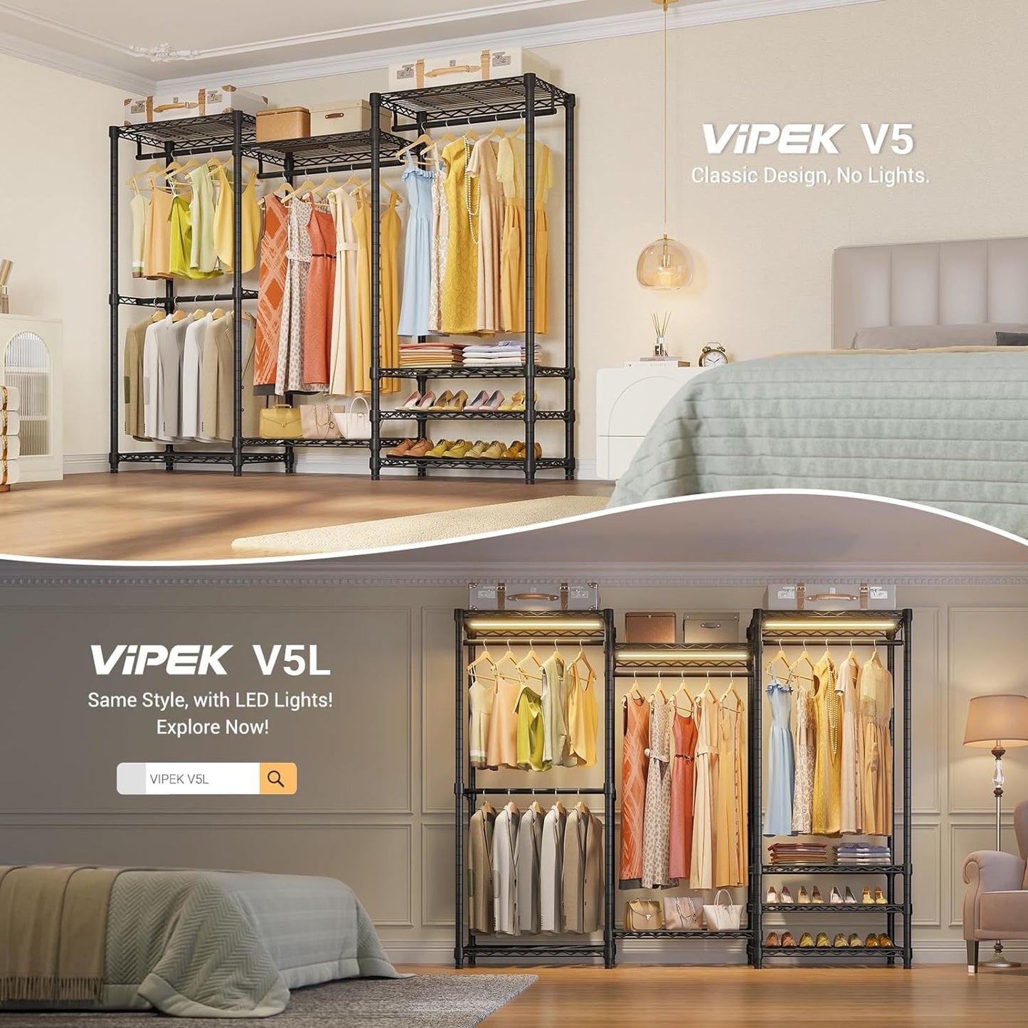 V5 Portable Closet Wardrobe Heavy Duty Clothes Rack, Freestanding Clothing Rack with 4 Hang Rods & 8 Shelves, Adjustable Closet Rack, 68.9" L X 15.7" W X 76.4" H, Max Load 890LBS, Black
