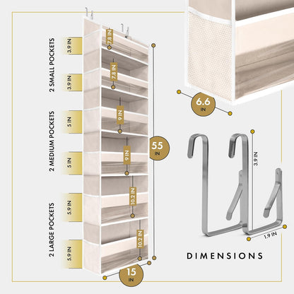 1 PC Heavy Duty over the Door Organizer 55X14X6.7, 6 Large Front & 12 Side Pockets, Hanging Storage Closet Door Organizer for Bedroom, Bathroom and Baby Nursery Storage (Ivory)
