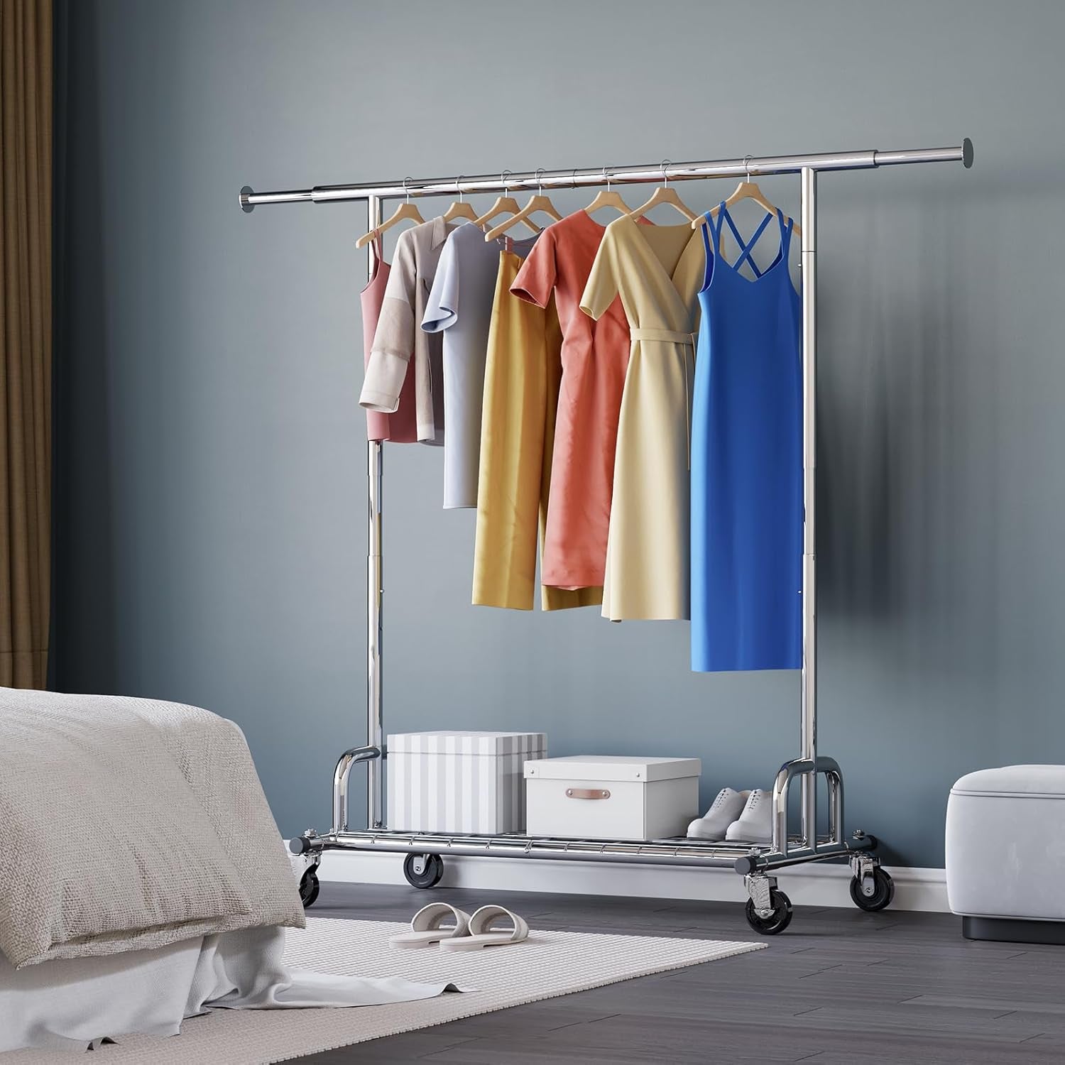 Extendable Heavy-Duty Clothes Rail Coat Rail with Shelf, Industrial Grade Locking Wheels, 200Kg Capacity Professional Folding Clothes Rail