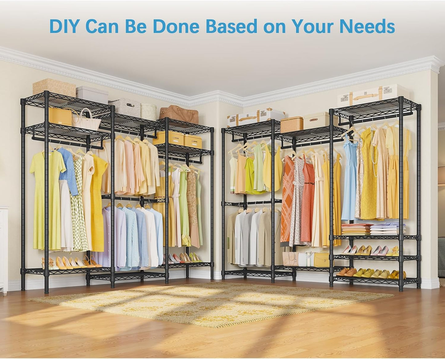 V5 Portable Closet Wardrobe Heavy Duty Clothes Rack, Freestanding Clothing Rack with 4 Hang Rods & 8 Shelves, Adjustable Closet Rack, 68.9" L X 15.7" W X 76.4" H, Max Load 890LBS, Black