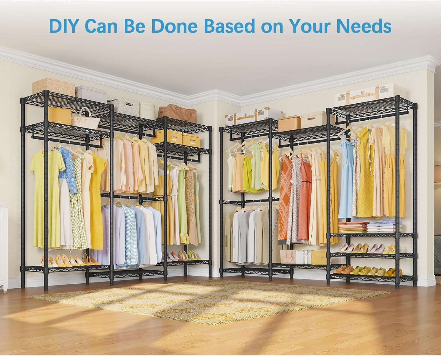 V5 Portable Closet Wardrobe Heavy Duty Clothes Rack, Freestanding Clothing Rack with 4 Hang Rods & 8 Shelves, Adjustable Closet Rack, 68.9" L X 15.7" W X 76.4" H, Max Load 890LBS, Black
