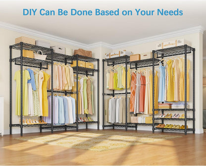 V5 Portable Closet Wardrobe Heavy Duty Clothes Rack, Freestanding Clothing Rack with 4 Hang Rods & 8 Shelves, Adjustable Closet Rack, 68.9" L X 15.7" W X 76.4" H, Max Load 890LBS, Black