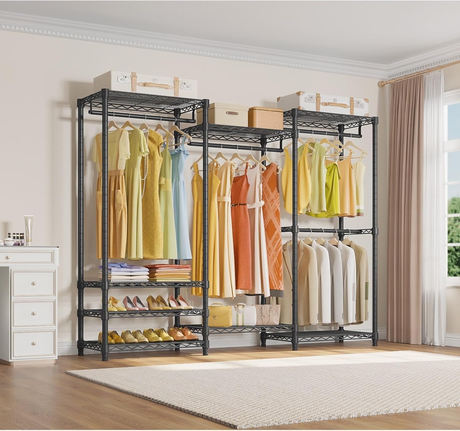 V5 Portable Closet Wardrobe Heavy Duty Clothes Rack, Freestanding Clothing Rack with 4 Hang Rods & 8 Shelves, Adjustable Closet Rack, 68.9" L X 15.7" W X 76.4" H, Max Load 890LBS, Black