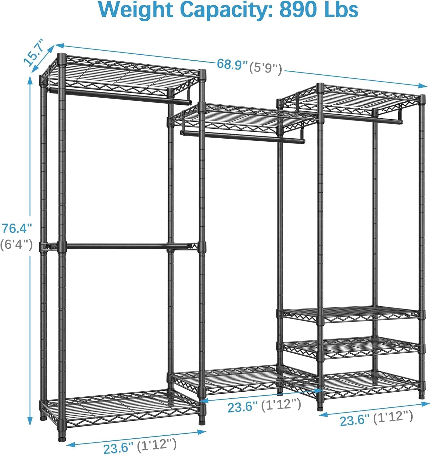 V5 Portable Closet Wardrobe Heavy Duty Clothes Rack, Freestanding Clothing Rack with 4 Hang Rods & 8 Shelves, Adjustable Closet Rack, 68.9" L X 15.7" W X 76.4" H, Max Load 890LBS, Black