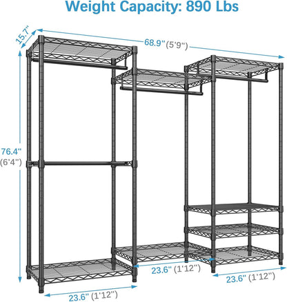 V5 Portable Closet Wardrobe Heavy Duty Clothes Rack, Freestanding Clothing Rack with 4 Hang Rods & 8 Shelves, Adjustable Closet Rack, 68.9" L X 15.7" W X 76.4" H, Max Load 890LBS, Black